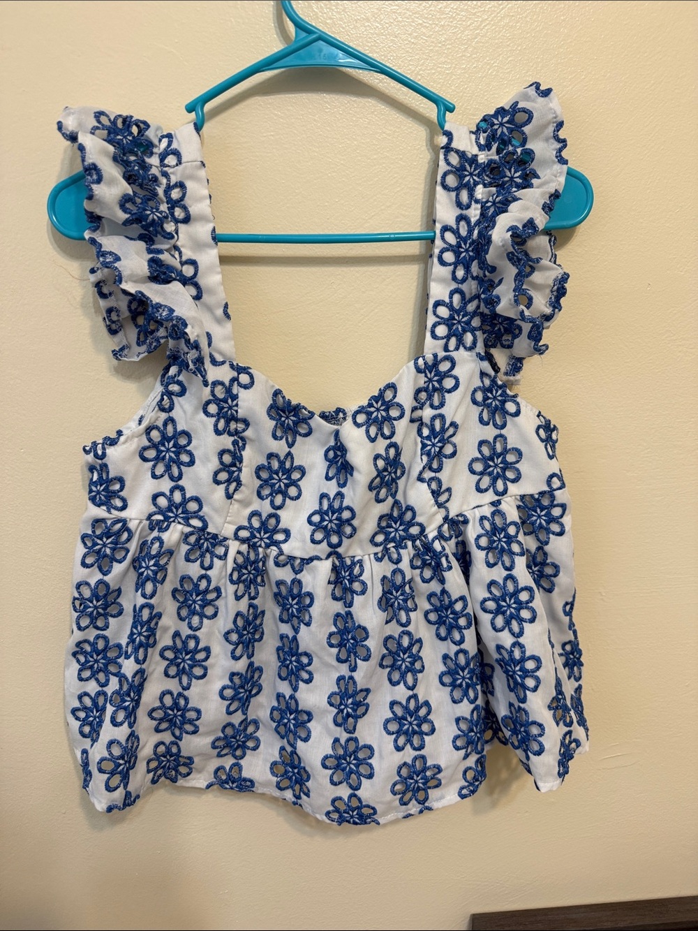 SHEIN White Top with Blue Floral Embroidery